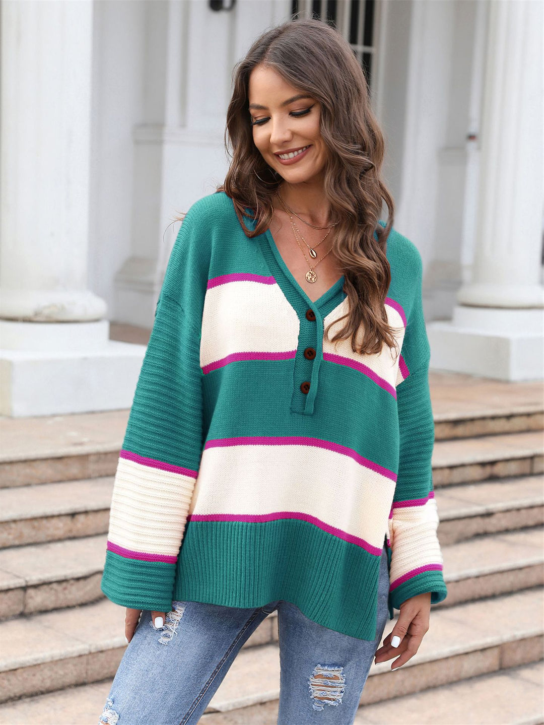 Pull en tricot décontracté pour femmes avec patte de boutonnage Chic & Stil