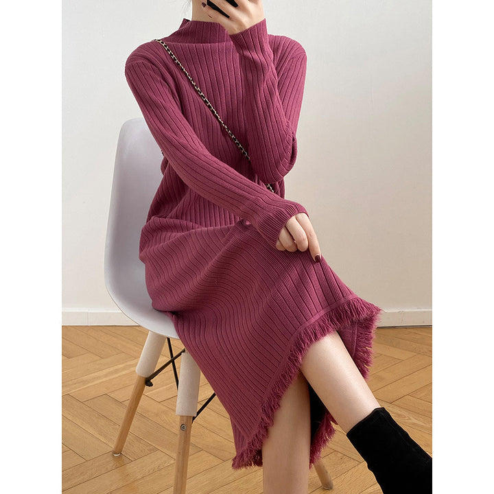 Knit dress for women with high collar and striped pattern Lune London