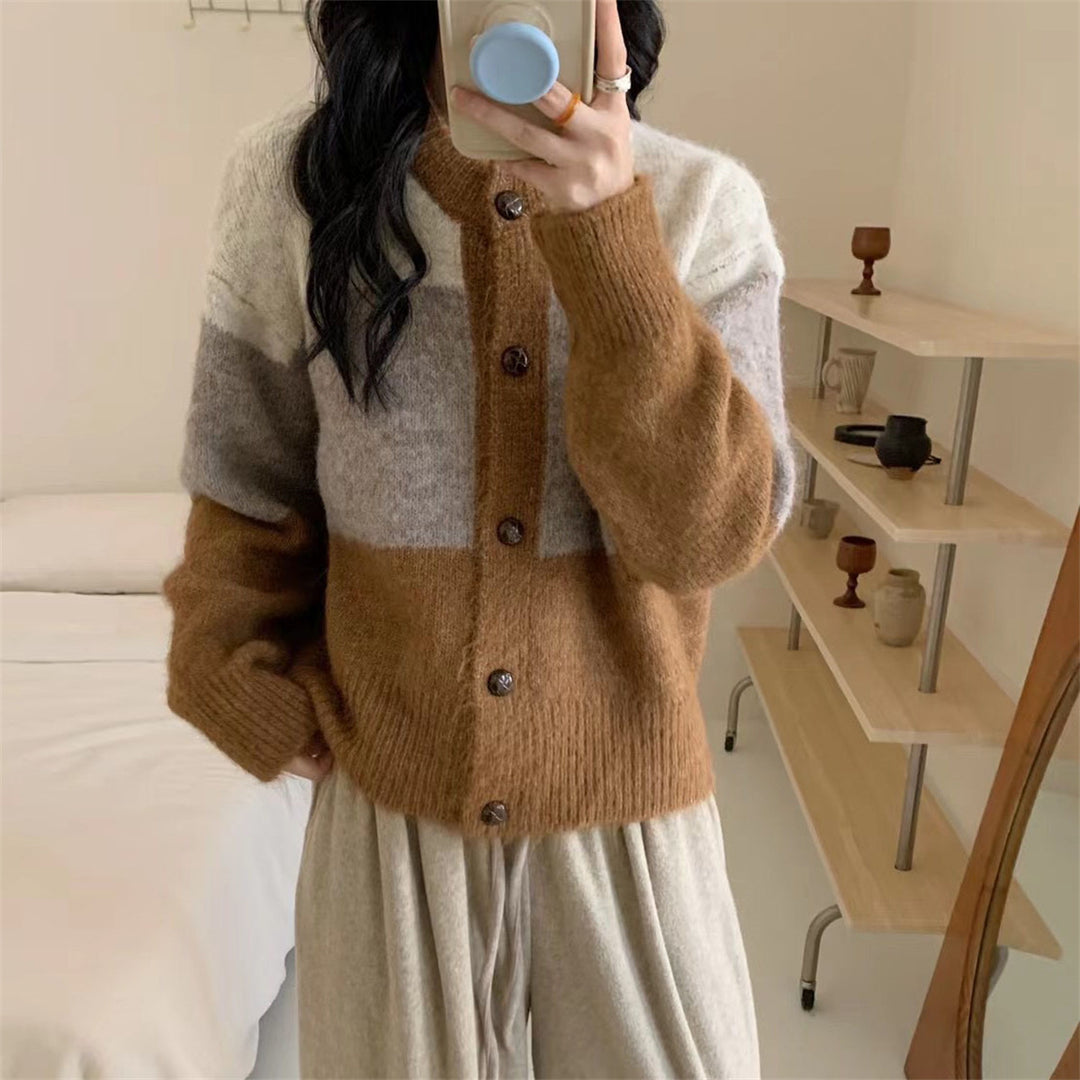 Cardigan en tricot épais pour femmes avec fermeture à boutons et design tendance en bloc de couleur Chic & Stil
