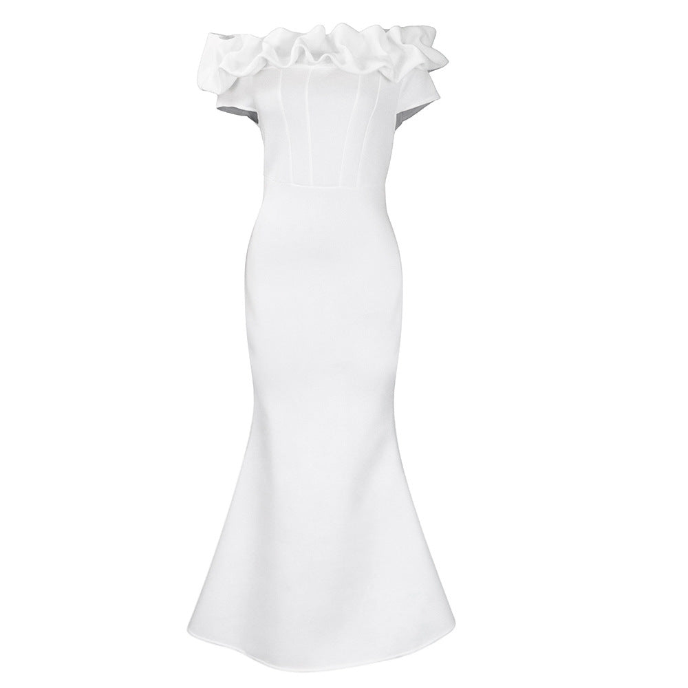 Fitted evening dress for women with voluminous ruffle collar Lune London