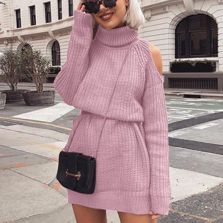 Long Sleeve Knit Dress for Women with High Neck and Chic Off-Shoulder Design