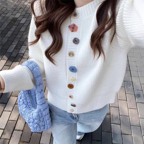 Knitted jacket for women with colorful button details and a high collar Lune London