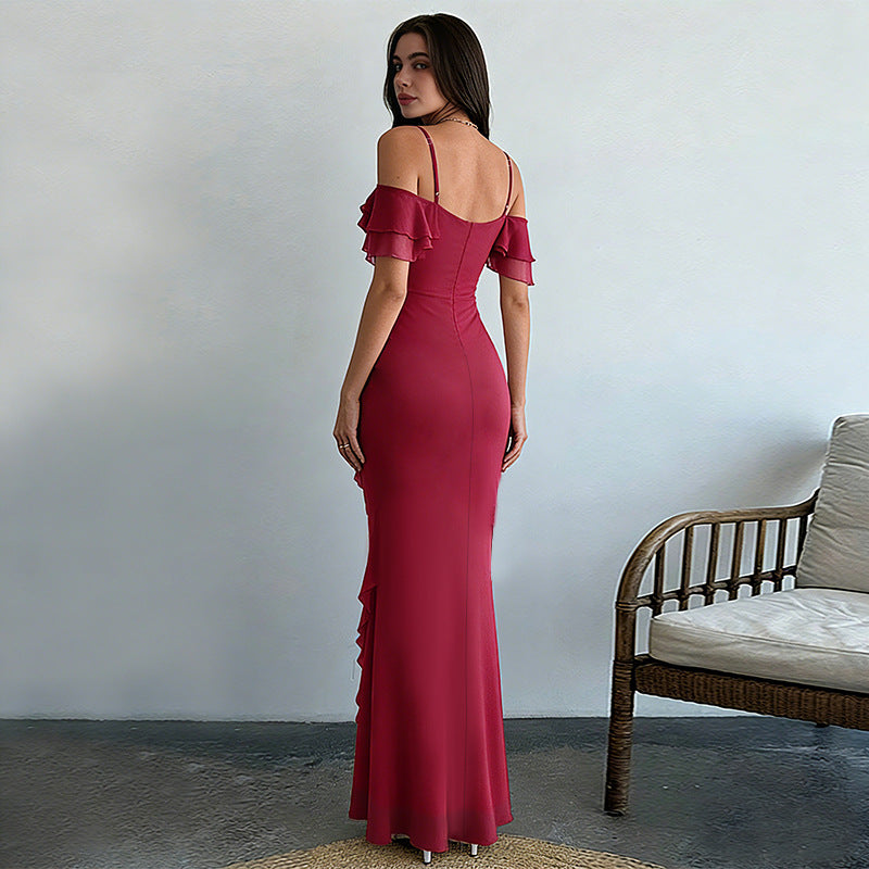 Women's elegant maxi dress with asymmetric ruffle design