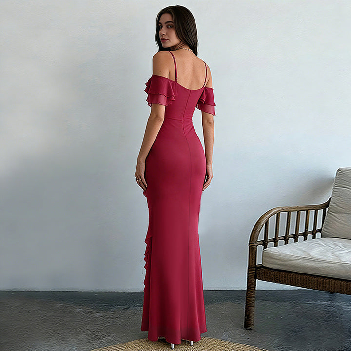 Women's elegant maxi dress with asymmetric ruffle design