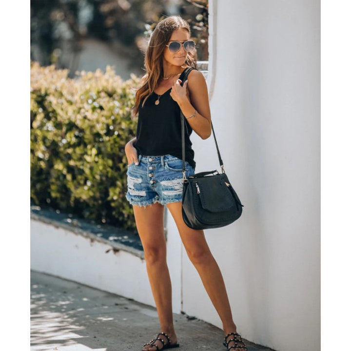 Women's casual destroyed denim shorts with button placket and frayed hem Lune London