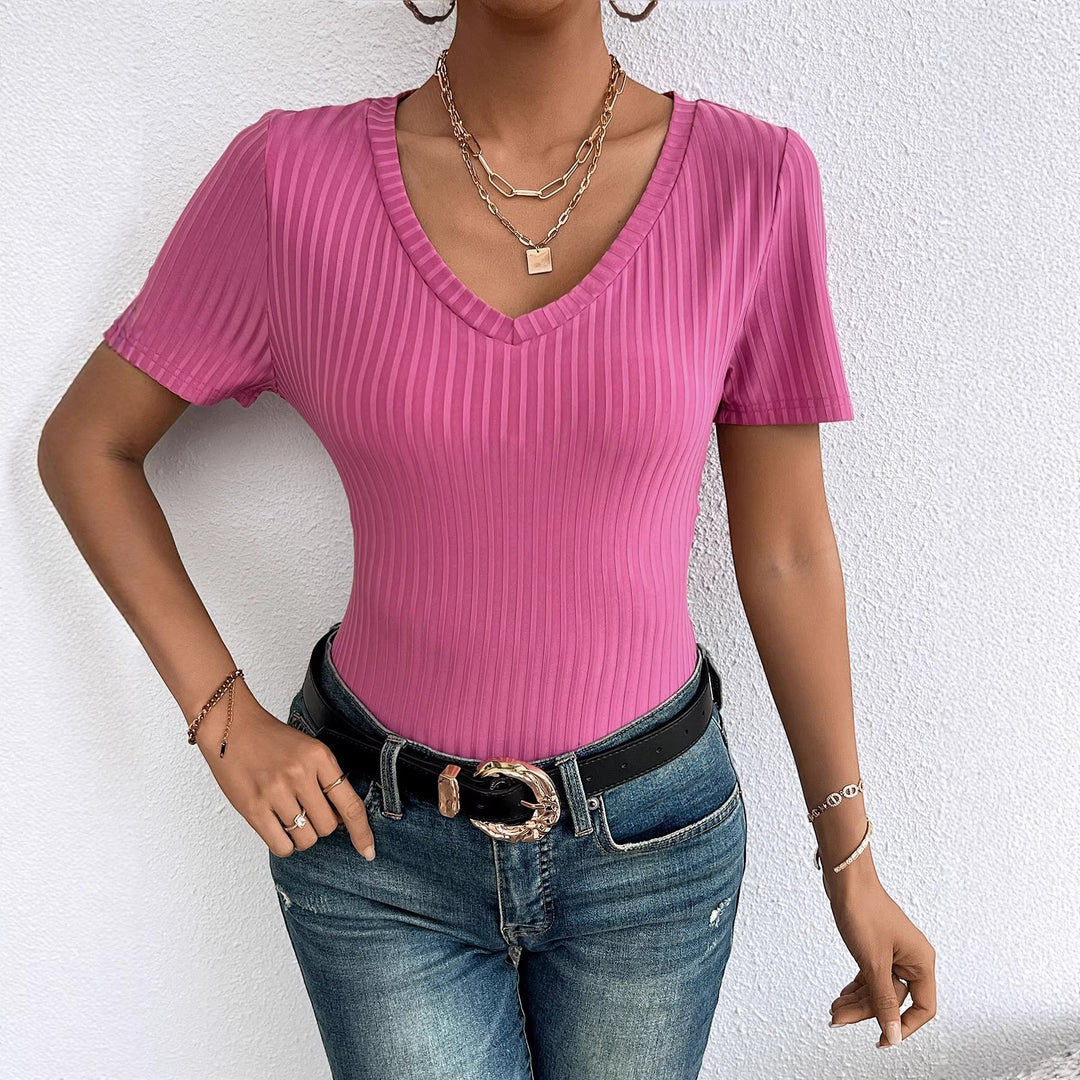 Women’s V Neck Short Sleeve Blouse with Fine Rib Structure Chic & Style