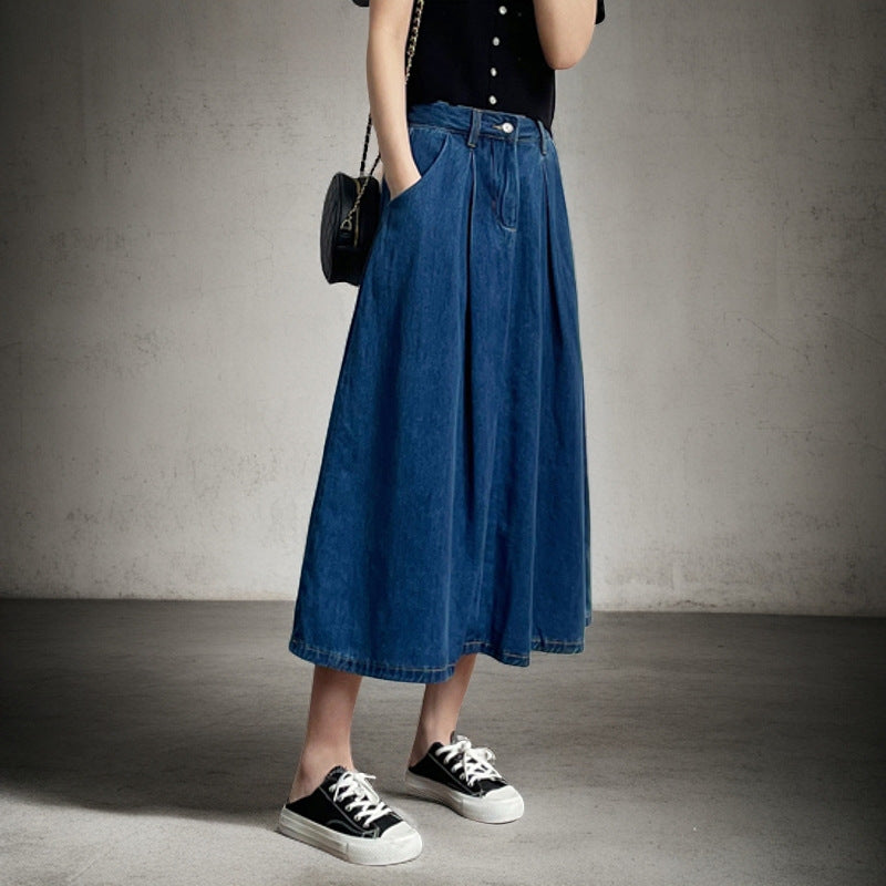 Woman Long Jean Skirt with Pleats and Side Pockets Lune London