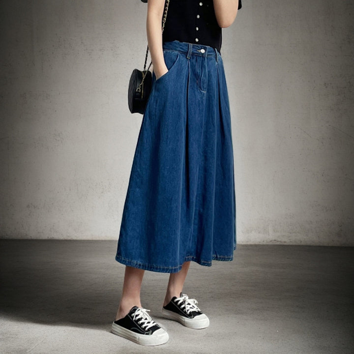 Woman Long Jean Skirt with Pleats and Side Pockets Lune London