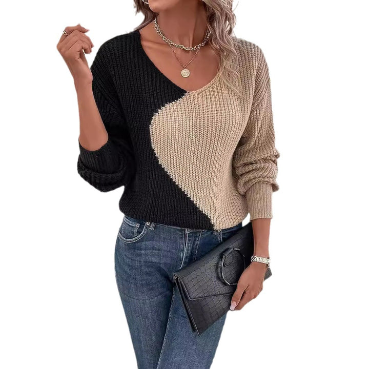 Trendy women's V-neck sweater in colorblock style Lune London