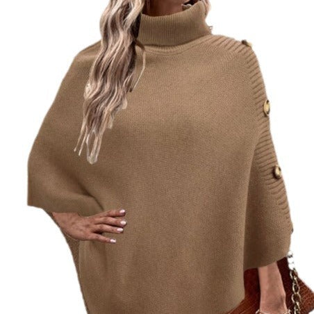 Ladies knitted poncho with high collar and button details Lune London