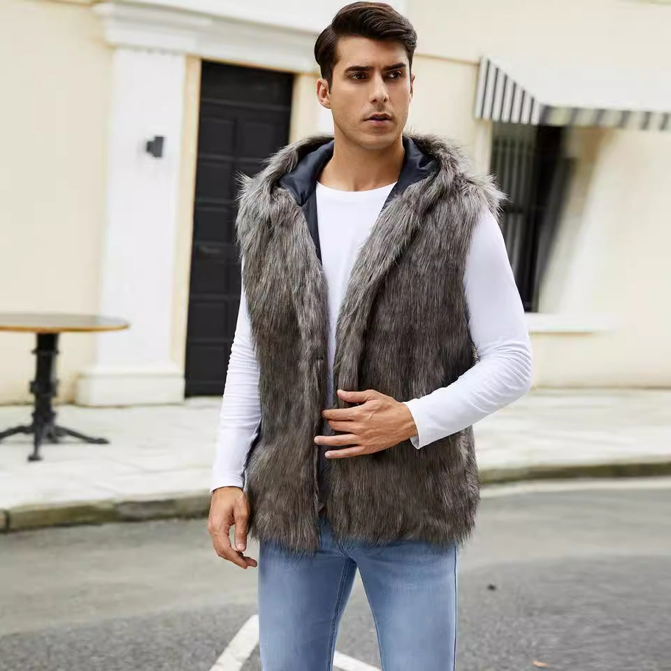 Men's vest with elegant faux fur and hood Lune London