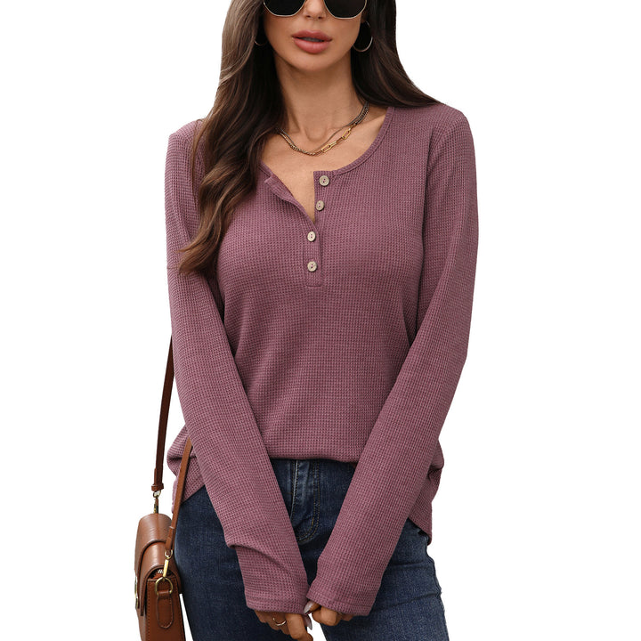 Long sleeve waffle knit t-shirt for women with button placket Lune London