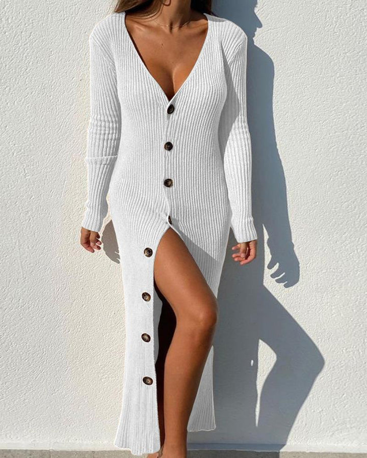 Long sleeve dress for women with continuous button placket and side slit Lune London