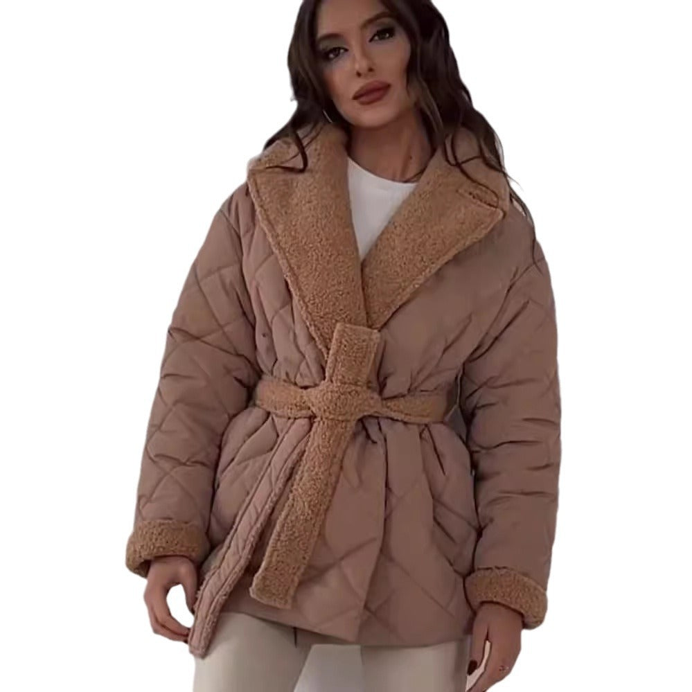 Quilted winter jacket for women with soft collar and belt Lune London