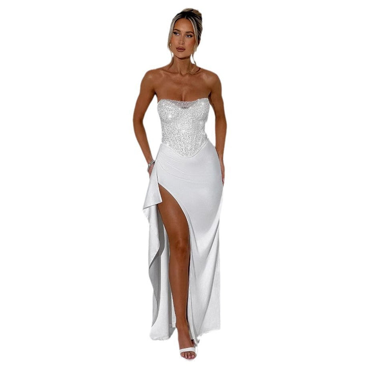 Ladies High Neck Evening Dress with Transparent Top and Side Slit
