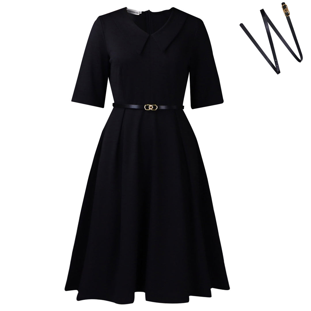Elegant skater dress for women with collar and belt at the waist Lune London