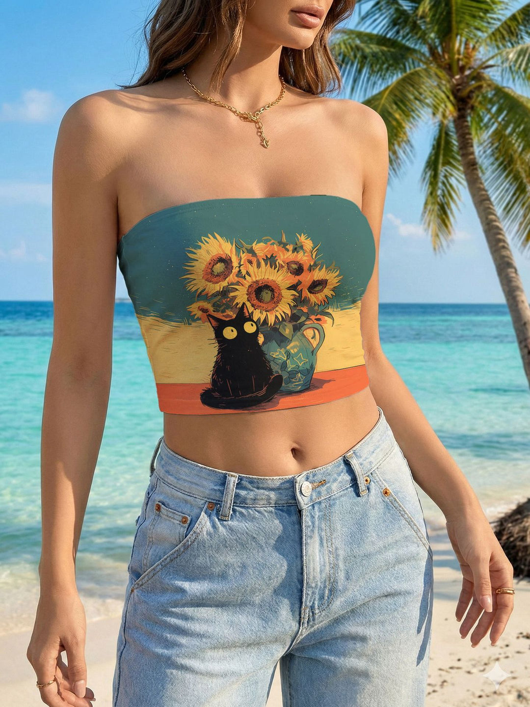Women's bandeau top with floral bird motif and elastic fit Lune London