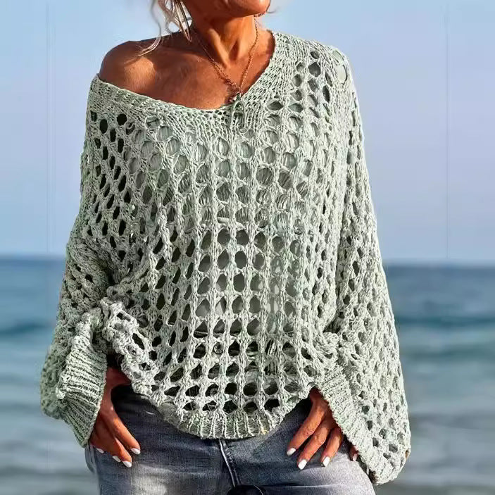 Knitted off-shoulder sweater for women with an airy structure in openwork stitches Lune London