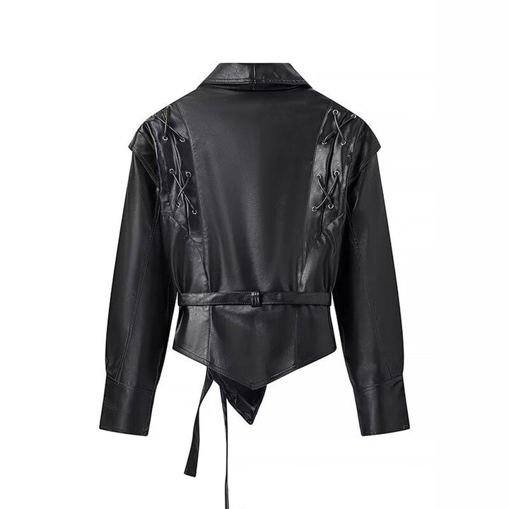 Ladies elegant faux leather jacket with adjustable belt and decorative lace details Lune London