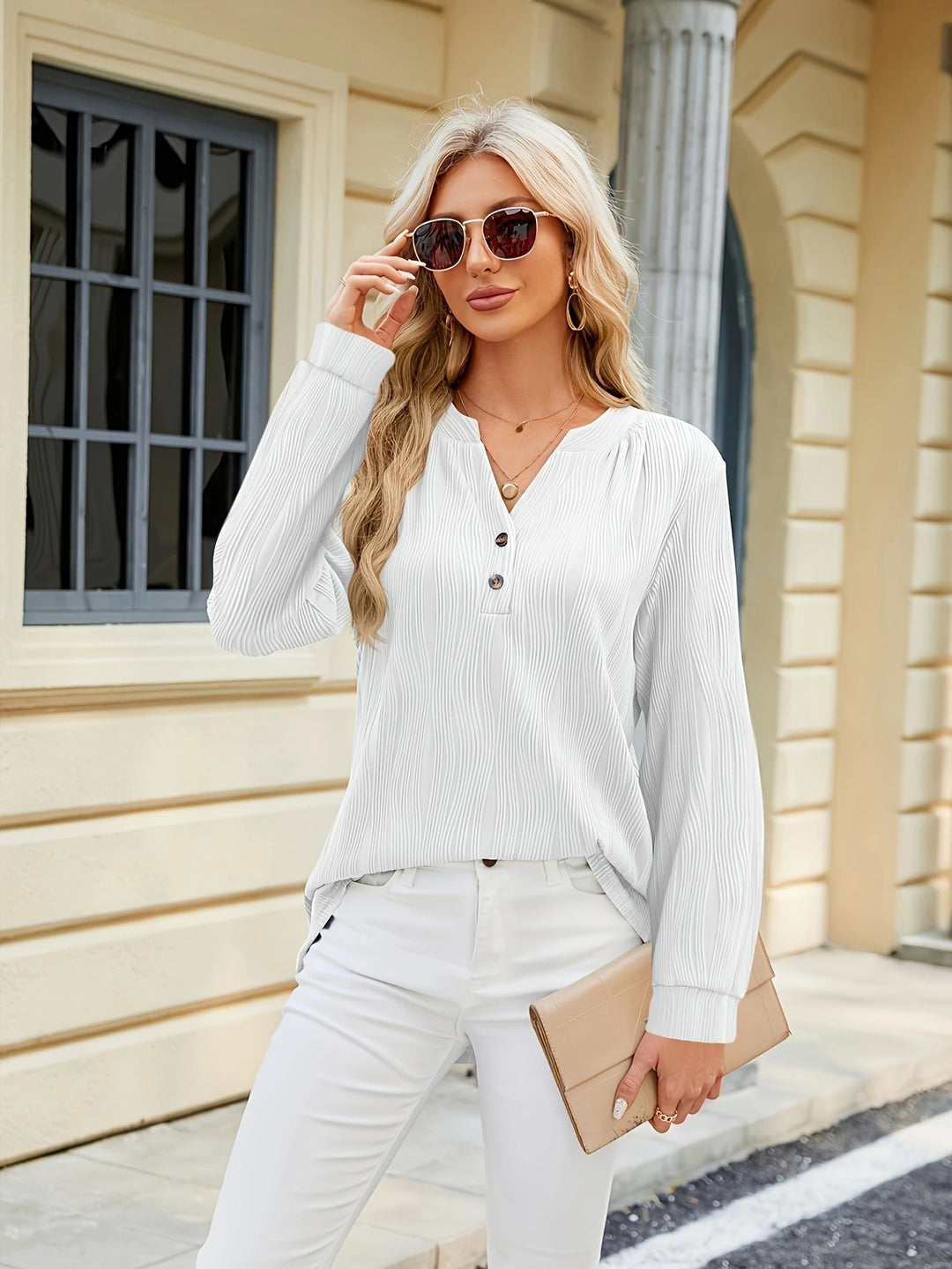 Women Long Sleeve Blouse with Clear Structure and Buttoned Details Lune London