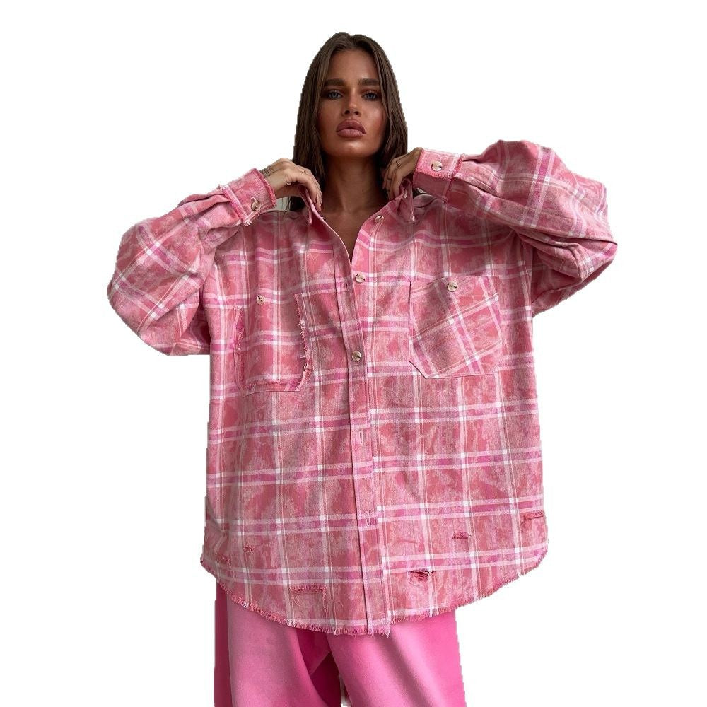 Oversized shirt for women with a casual checkered design and fringes Lune London