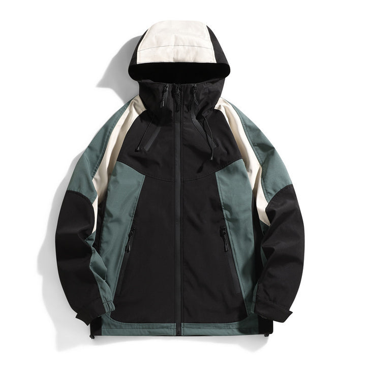 Technical outdoor jacket for men with waterproof properties and an adjustable hood Lune London
