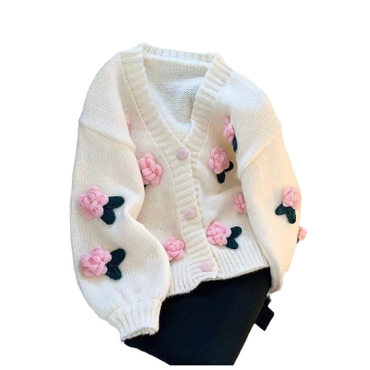 Knitted jacket for ladies with floral appliqués and elastic sleeves Lune London