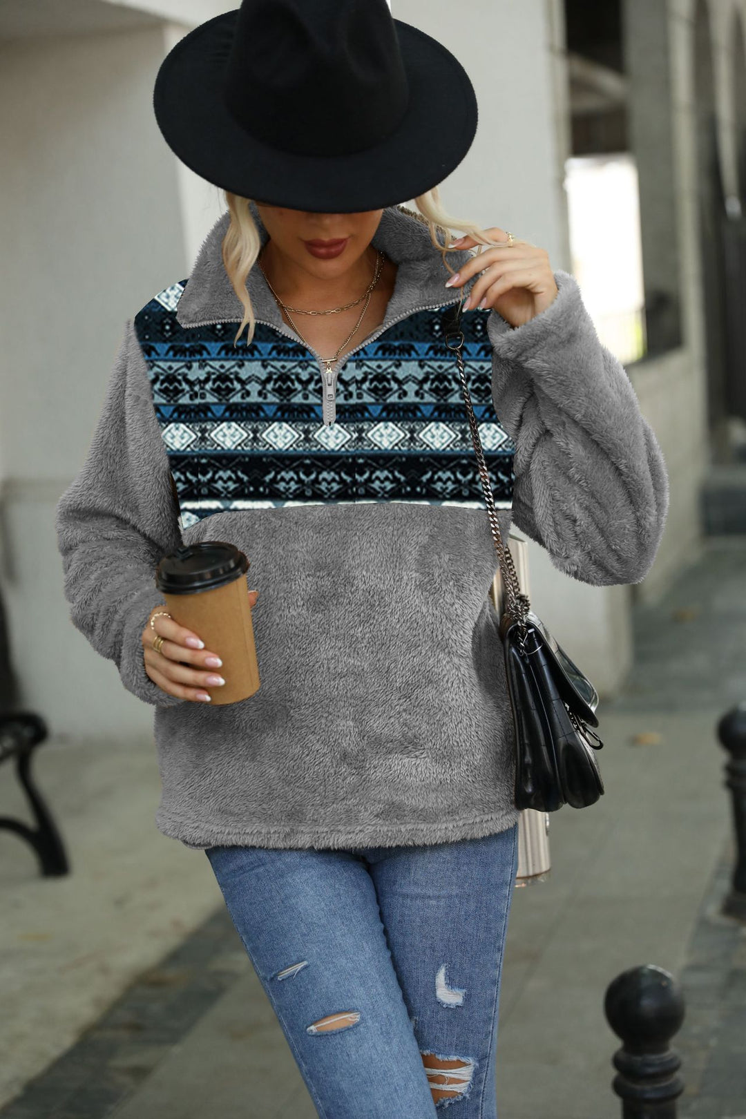 Fleece sweater for women with high neck and decorative pattern Lune London