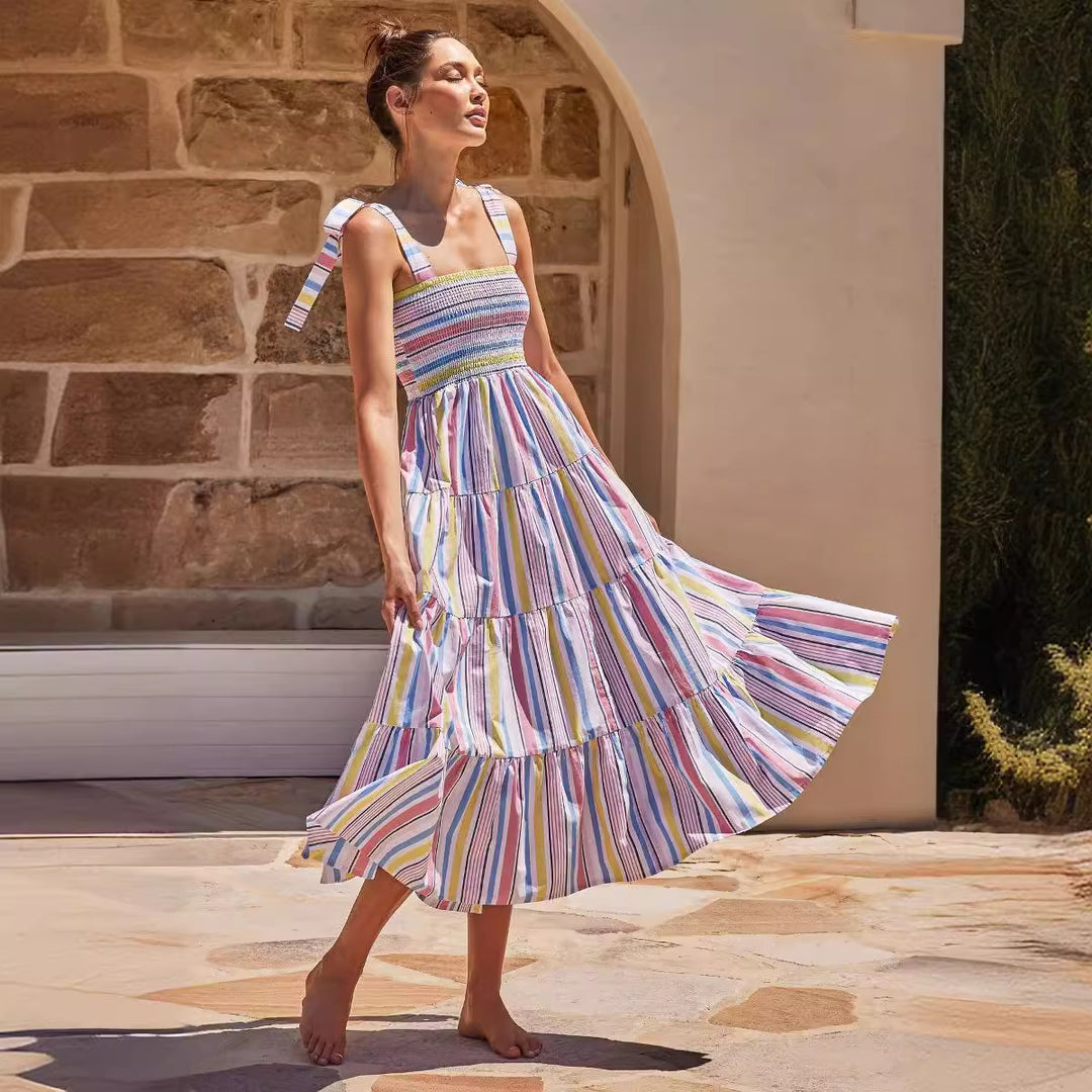 Chic & Stil Women's Airy Maxi Dress with Elastic Top and Striped Ruffles