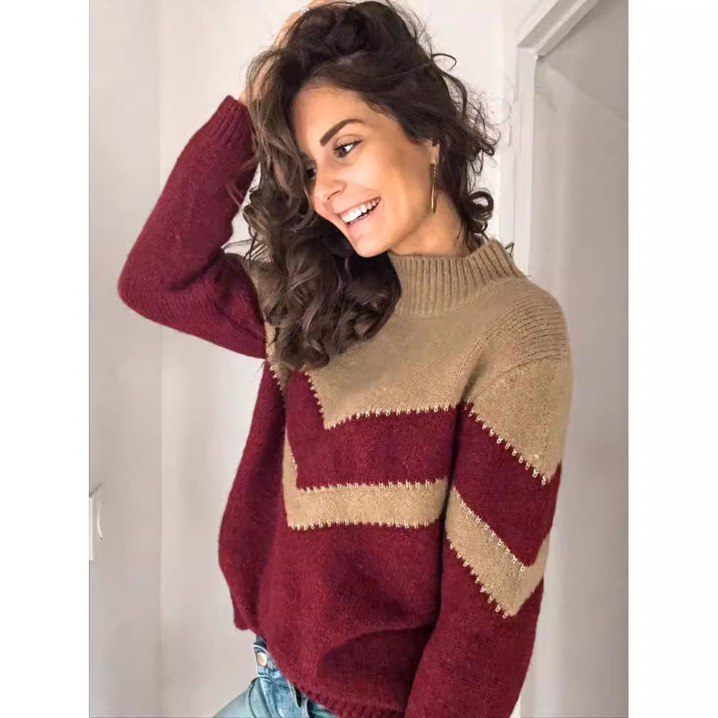 Pull en tricot pour femmes avec col en V et design chevron contrastant Chic & Stil