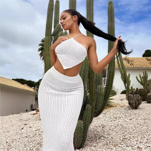 Knit top for women with plunging neckline and elastic midi skirt Lune London