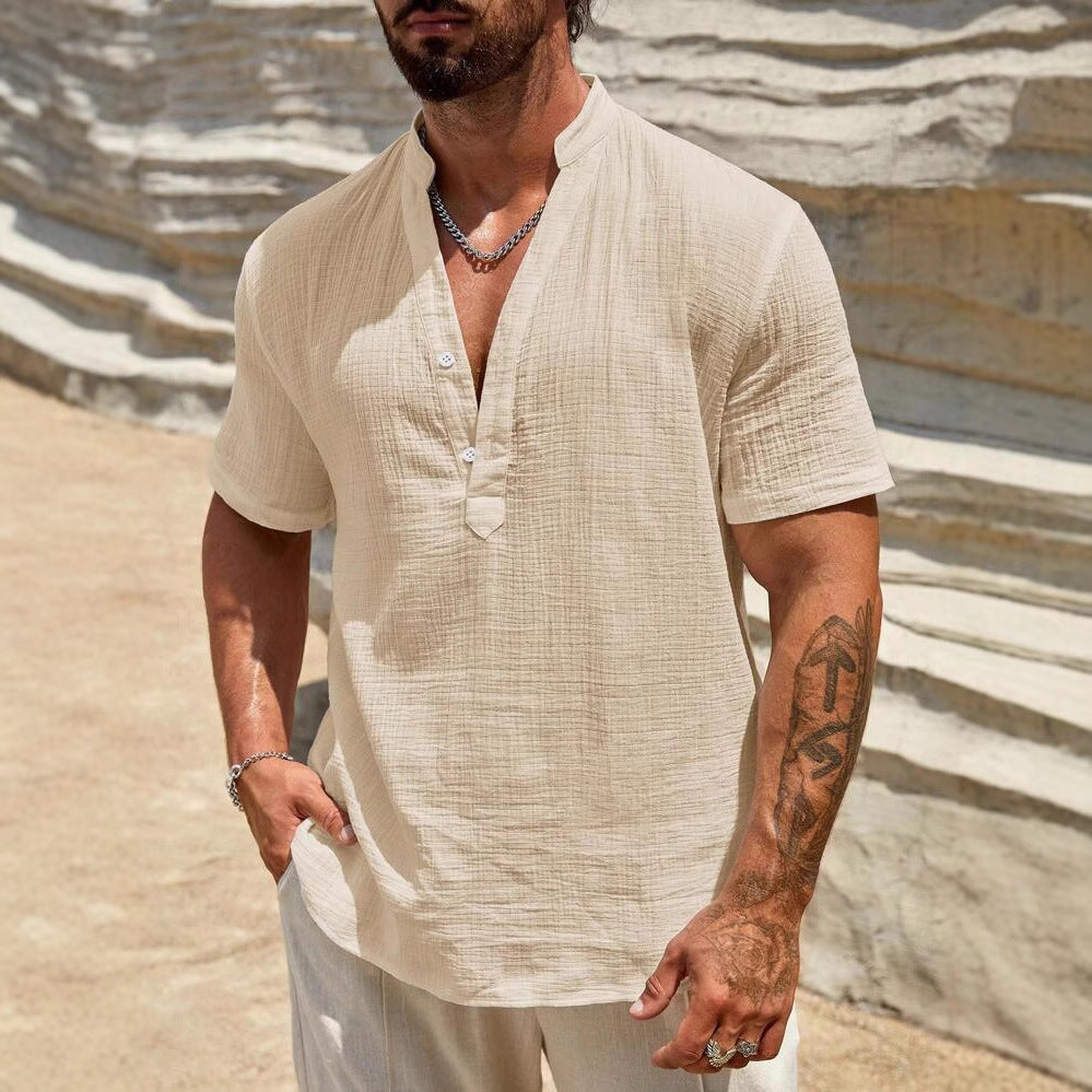 Men's short sleeve Henley shirt with modern stand-up collar in lightweight cotton material Lune London