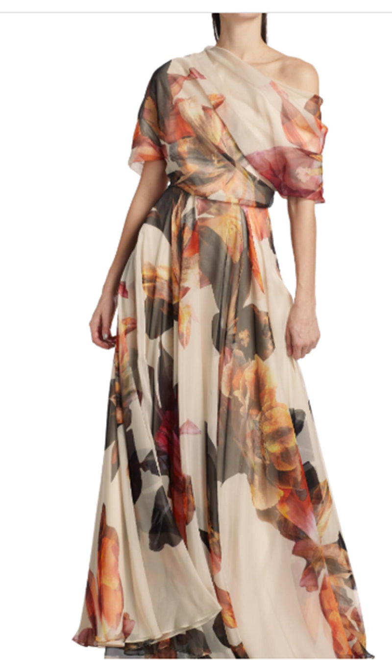 Women elegant chiffon dress with off-shoulder design and floral pattern Lune London