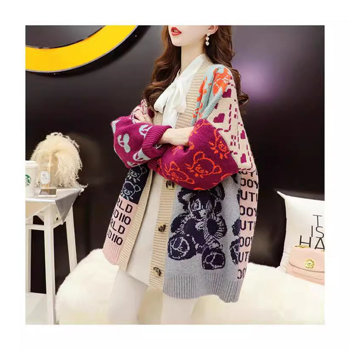 Knitted jacket for women with a vibrant pattern and practical button details Lune London