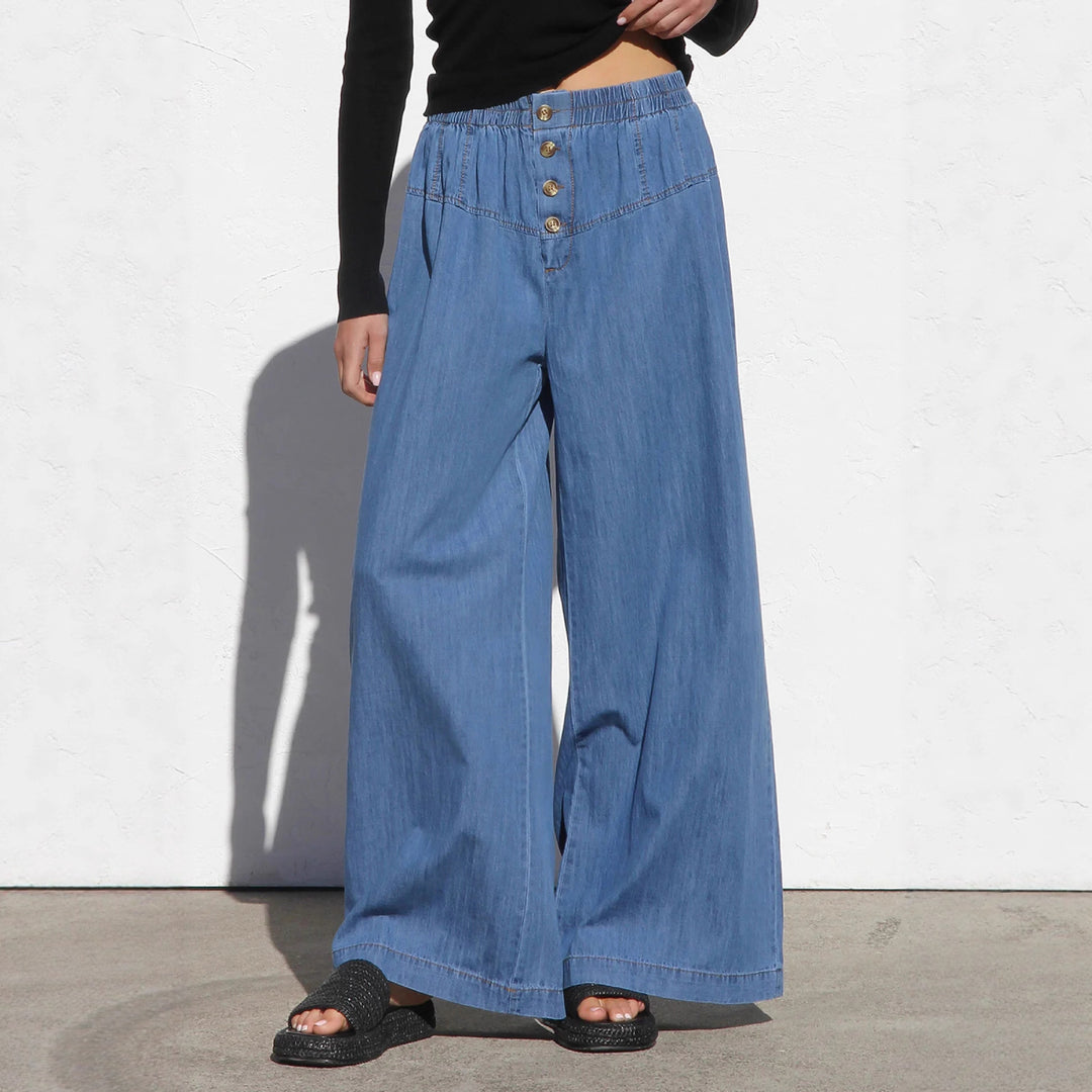 Ladies wide denim hotpants with elastic waistband and button details Lune London