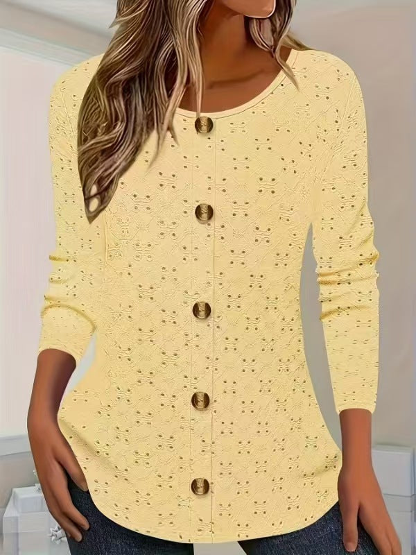 Long sleeve blouse for women with decorative button details and delicate lace pattern Lune London