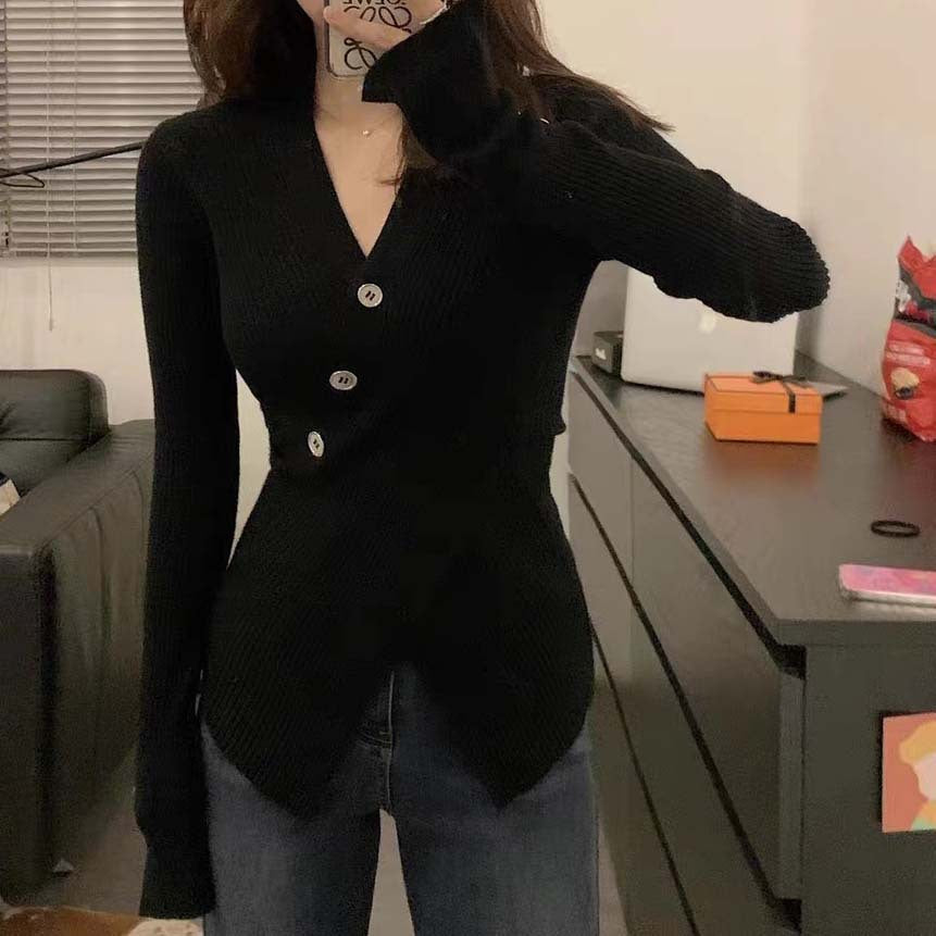 Women's knitted jacket with asymmetrical cut and decorative buttons Lune London