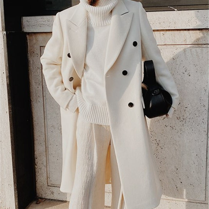 Ladies Long Wool Coat with Double-breasted and Wide Lapel Lune London