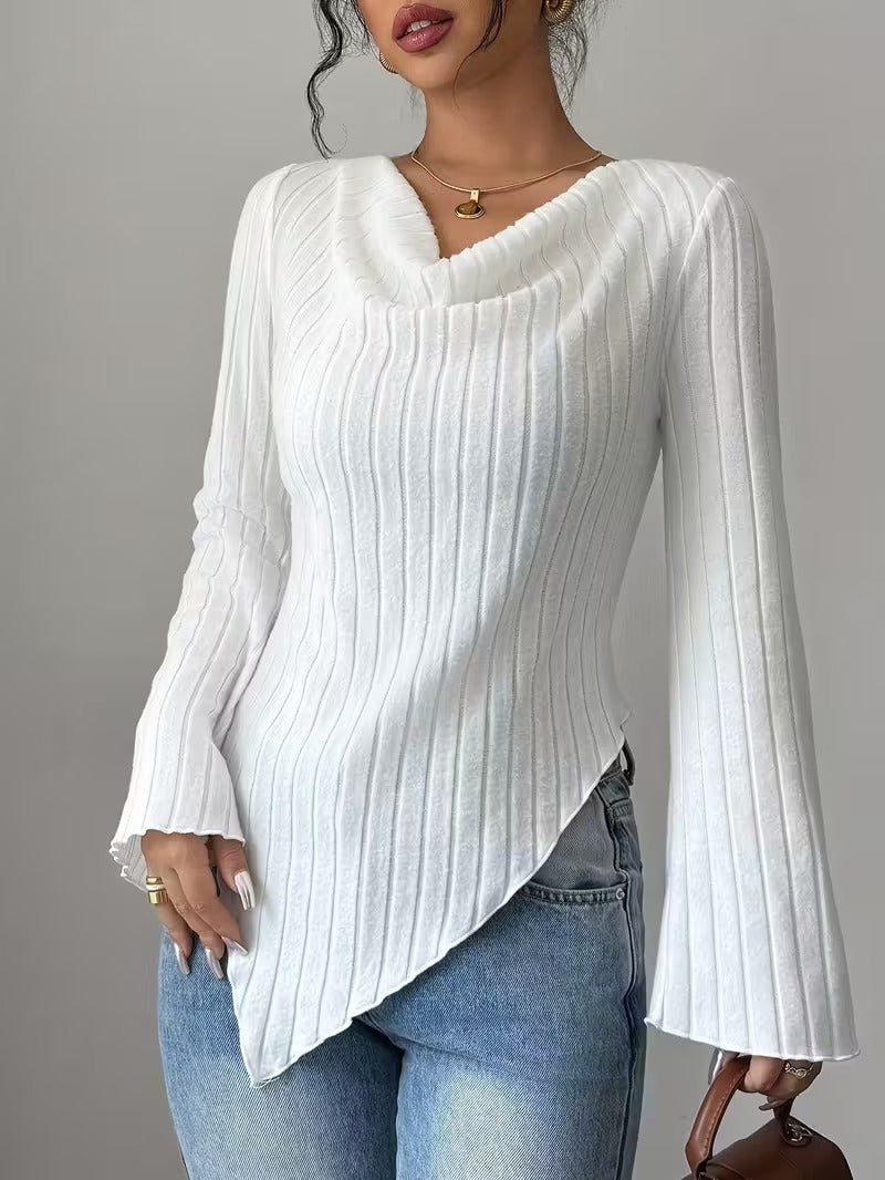 Haut à manches longues pour femmes avec ourlet asymétrique et design à côtes texturées Chic & Stil