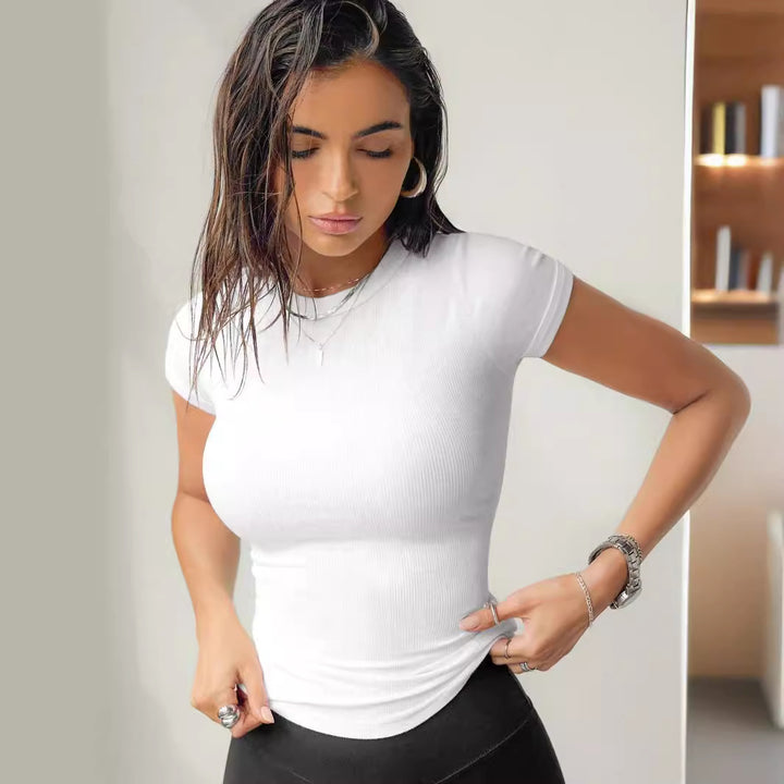 Fitted ribbed T-shirt for women with short sleeves and round neck Lune London