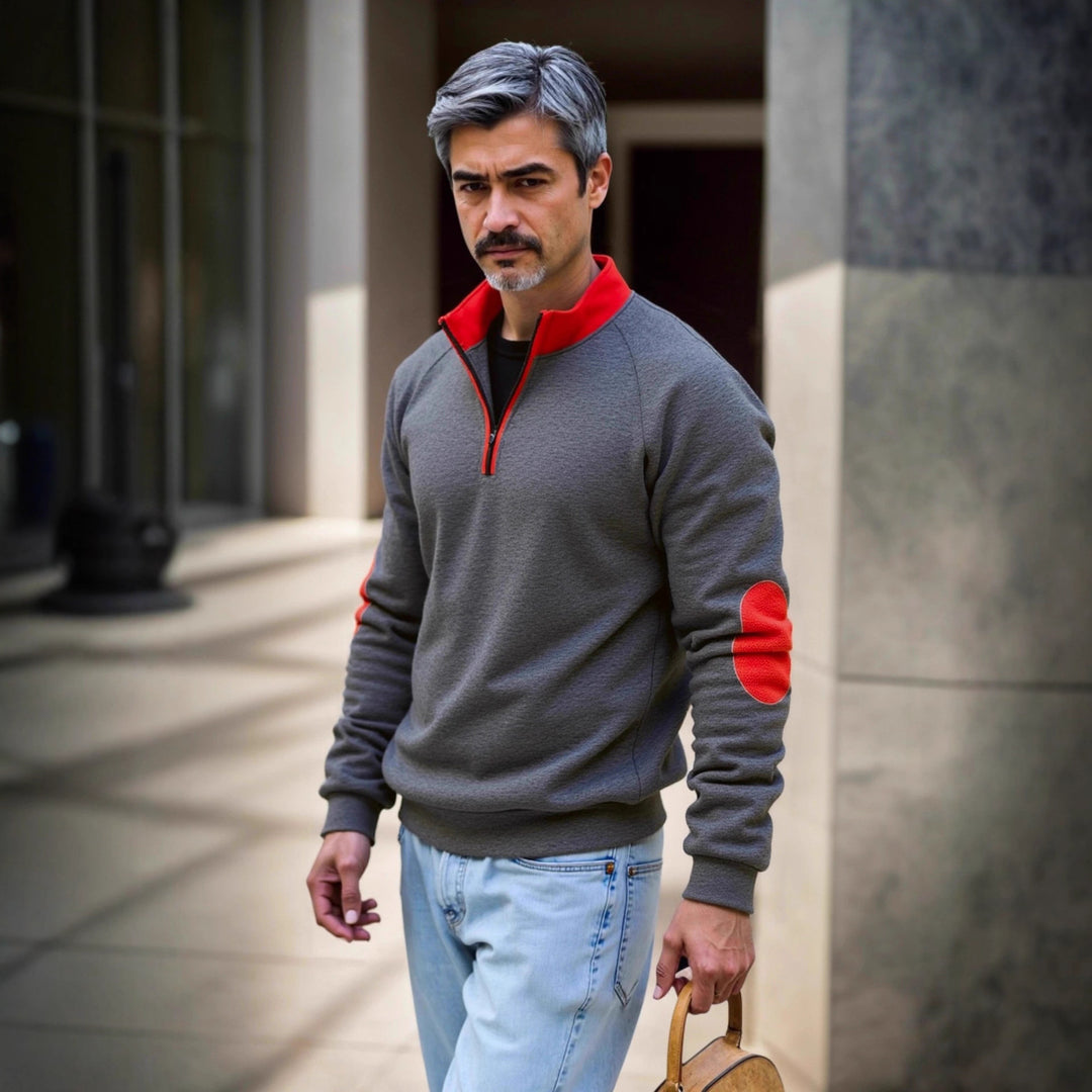 Sweat-mode sweater for men with functional zipper and contrasting elbow patches Lune London