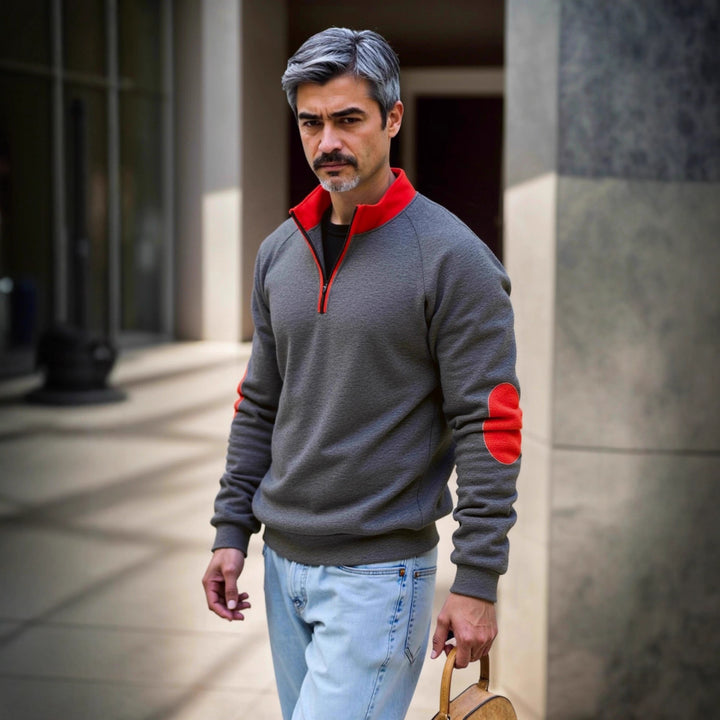Sweat-mode sweater for men with functional zipper and contrasting elbow patches Lune London