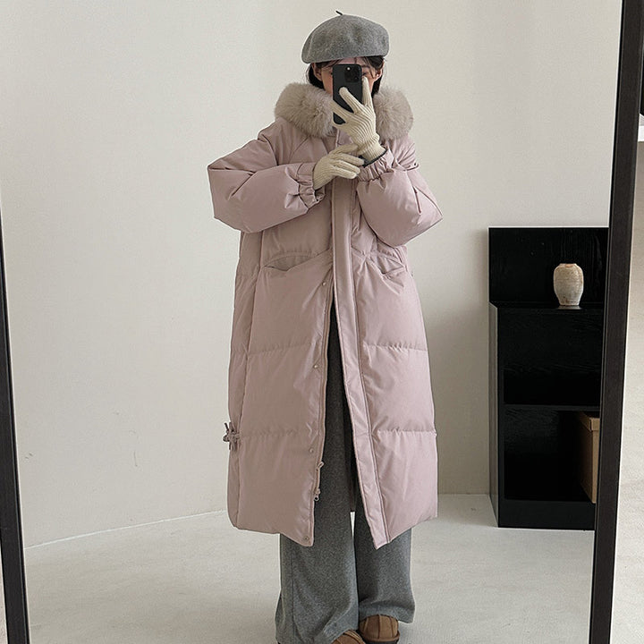 Ladies long winter down jacket with high-quality faux fur collar and practical pockets Lune London