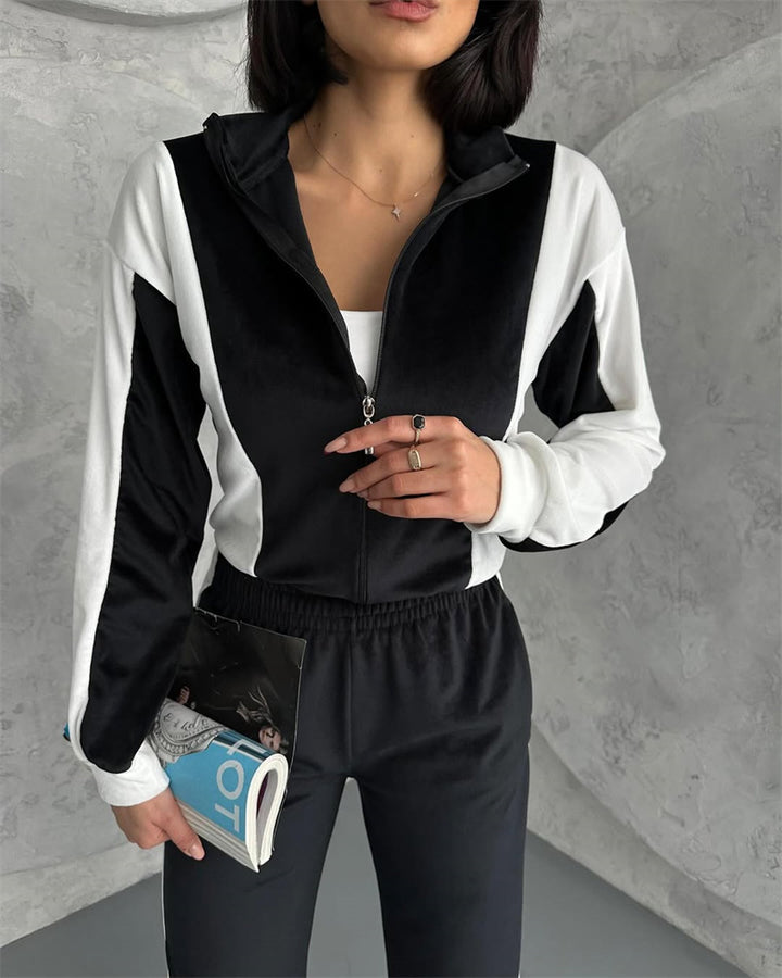 Lune London women's sporty velvet tracksuit with zipper and side stripes