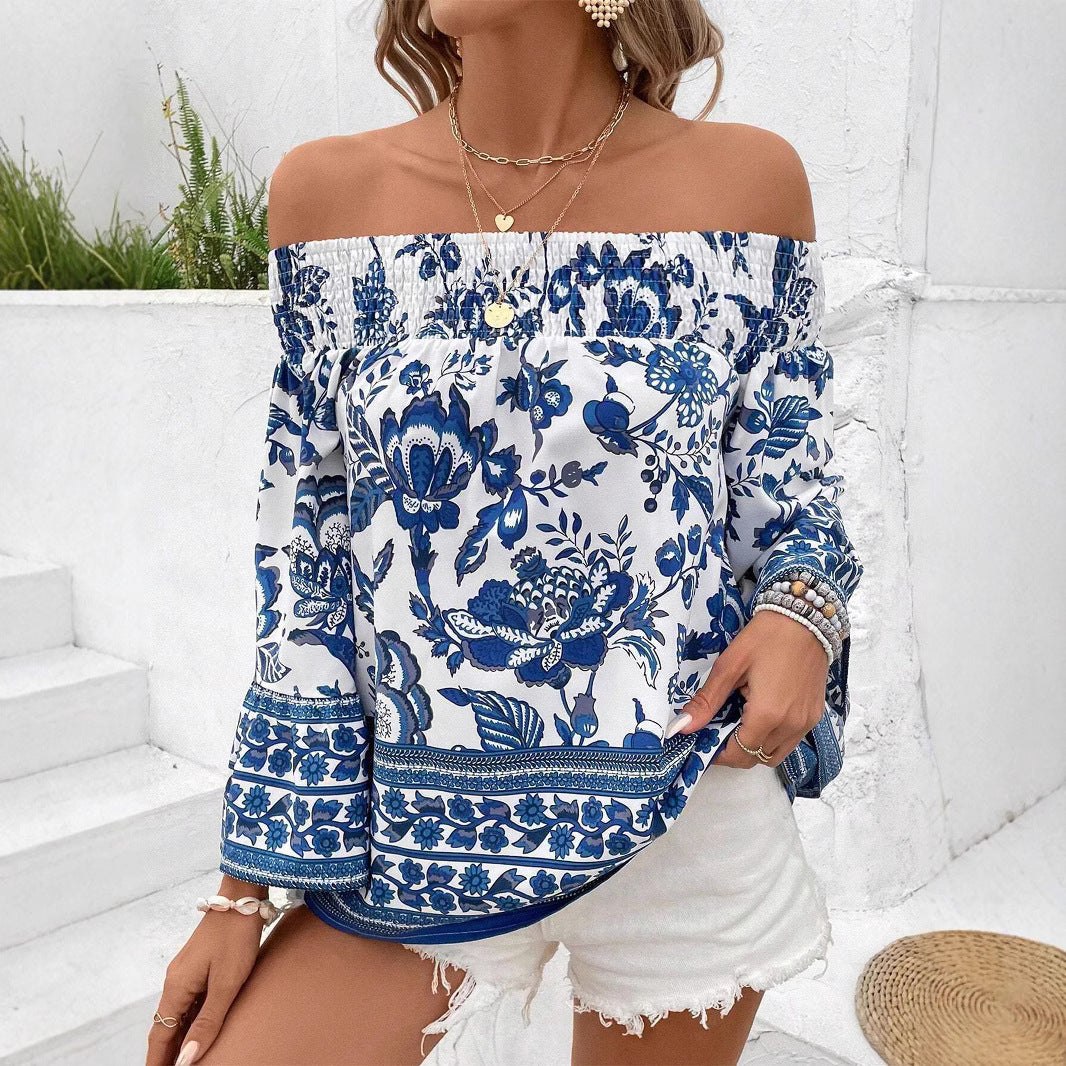 Women blouse with a décolletée neckline, floral patterns, and ruffled sleeves Chic and Style
