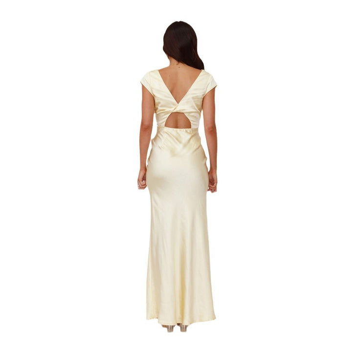 Elegant maxi dress for women with deep V-neckline and flowing satin fabric Chic & Stil