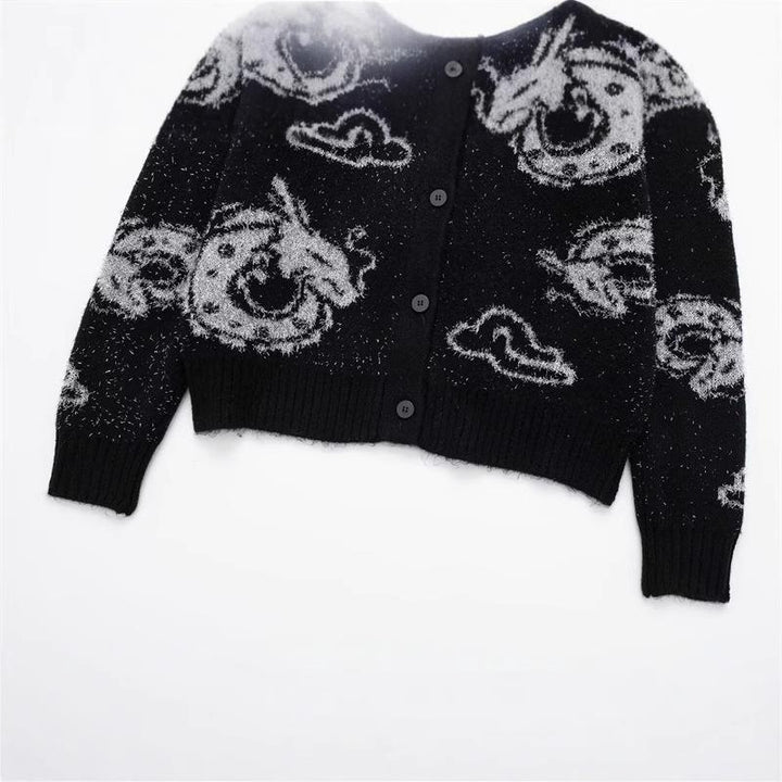Women's knitted jacket with unique dragon pattern and button placket Lune London