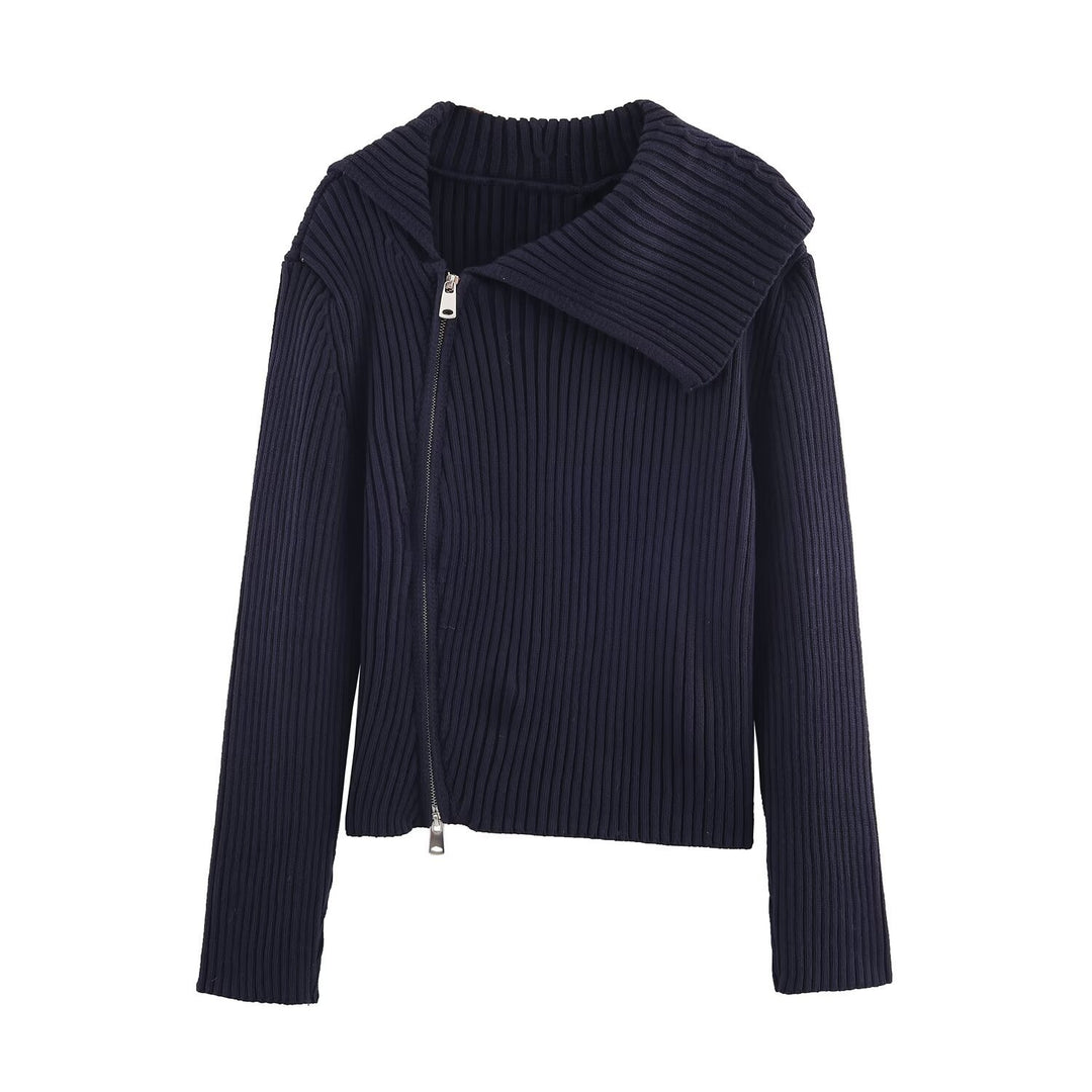 Knit jacket for women with wide collar and asymmetrical zipper Lune London