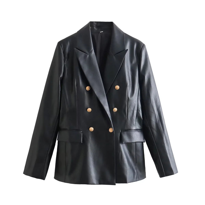 Elegant faux leather blazer jacket for women with double-breasted buttons and gold accents Lune London