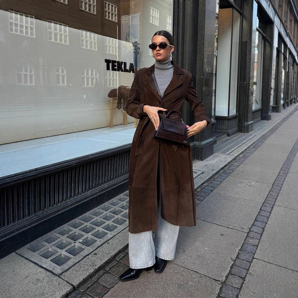Elegant suede coat for ladies with waist belt Lune London